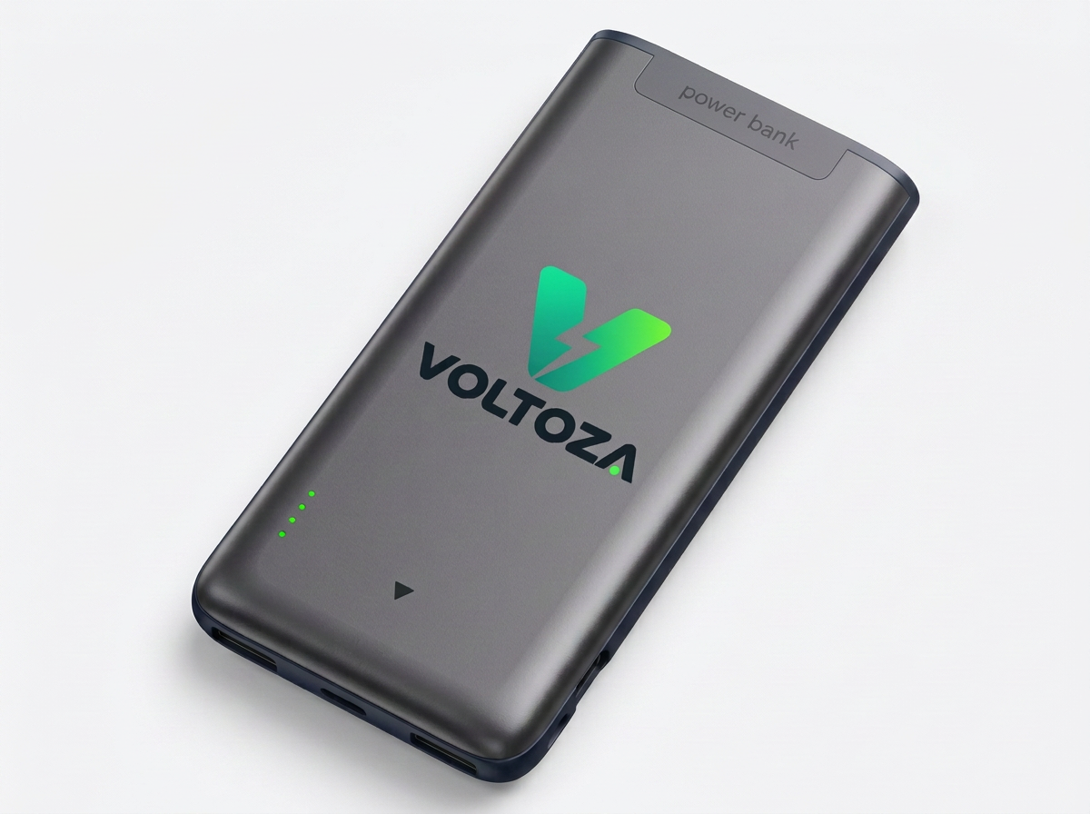 Graue VOLTOZA Powerbank mit integriertem Ladekabel und Ladeanzeige