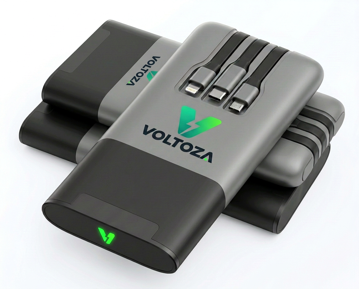 Graue VOLTOZA Powerbank mit integriertem Ladekabel und Ladeanzeige – USB-C, Micro-USB und Lightning